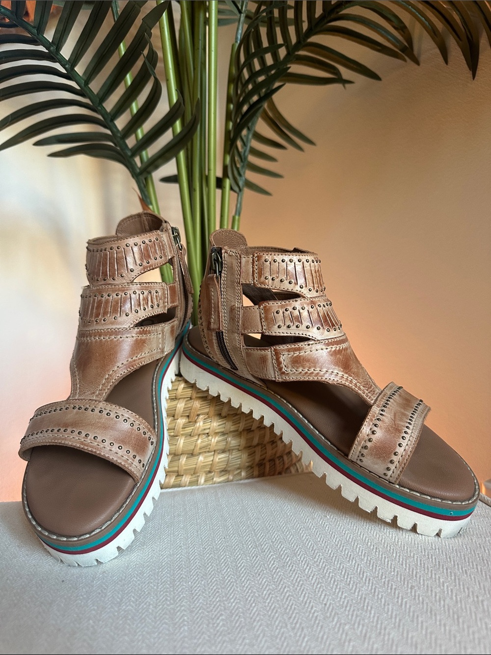 ROAN by BED|STU Tan Brown Leather Strappy Platform Sandals